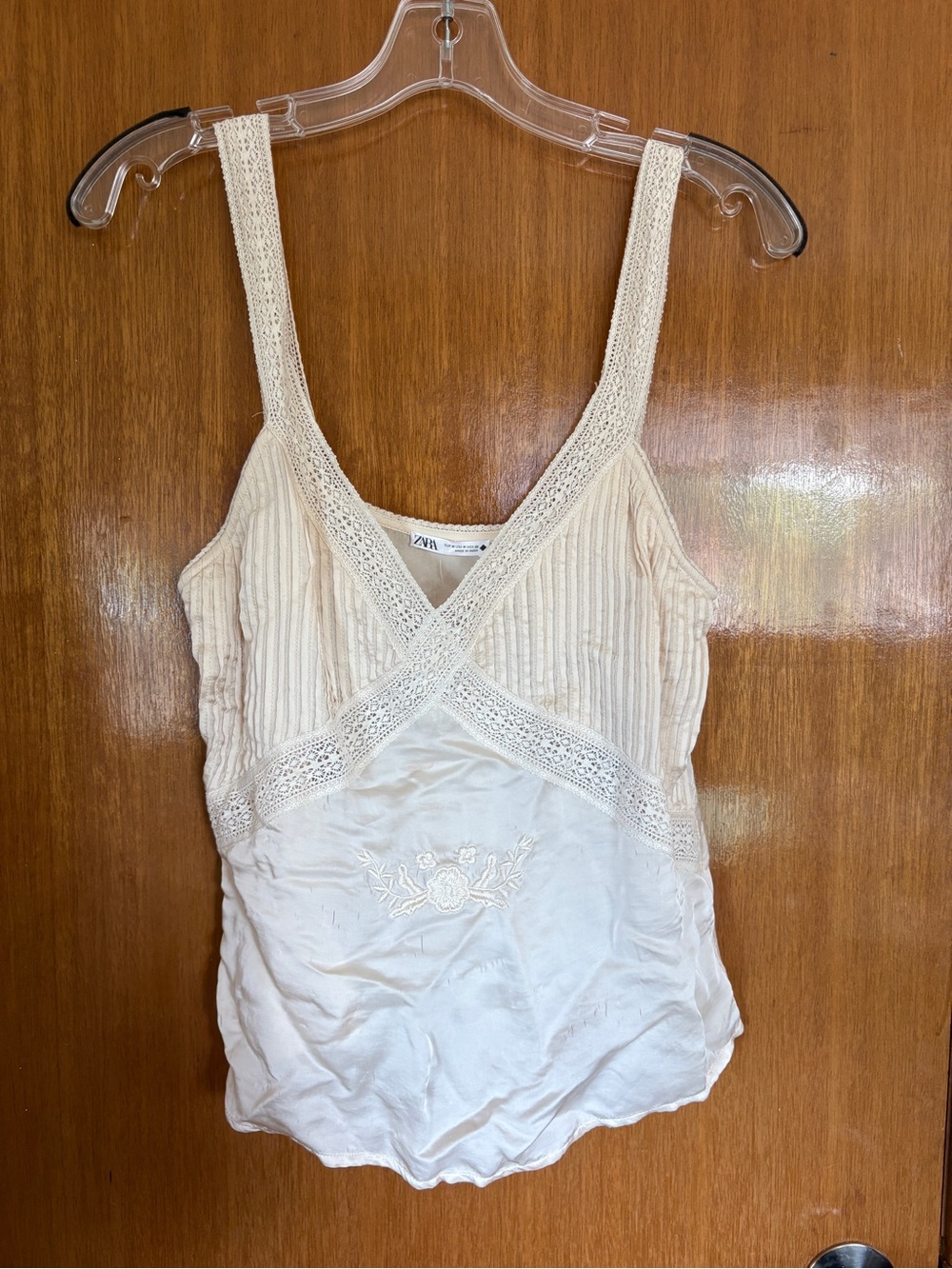Zara Cream Lace-Trim Ribbed & Embroidered Tank